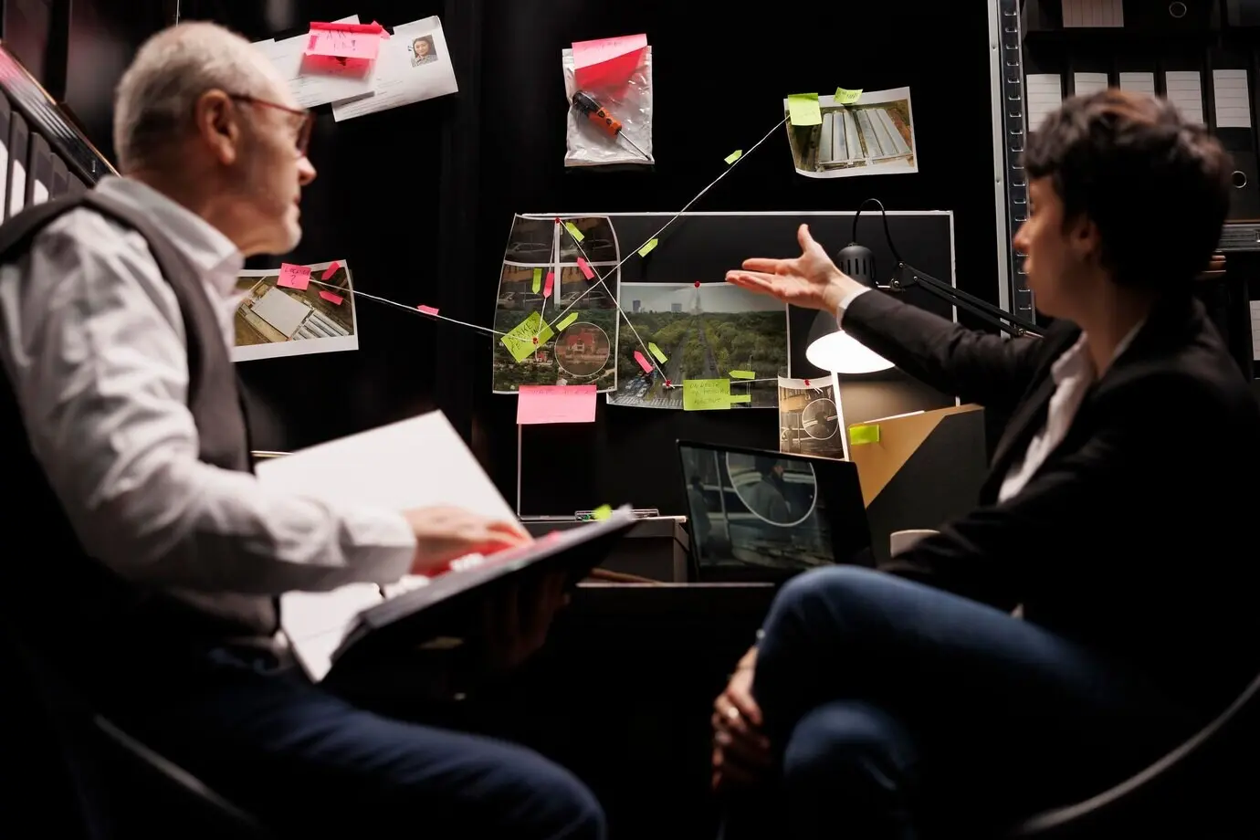 Erfahrener Privatdetektiv analysiert einen Vermisstenfall, bespricht Tatortbeweise mit einer Ermittlerin. Mitarbeitende der Abteilung für Kriminologie arbeiten spät in der Nacht im Archivraum.