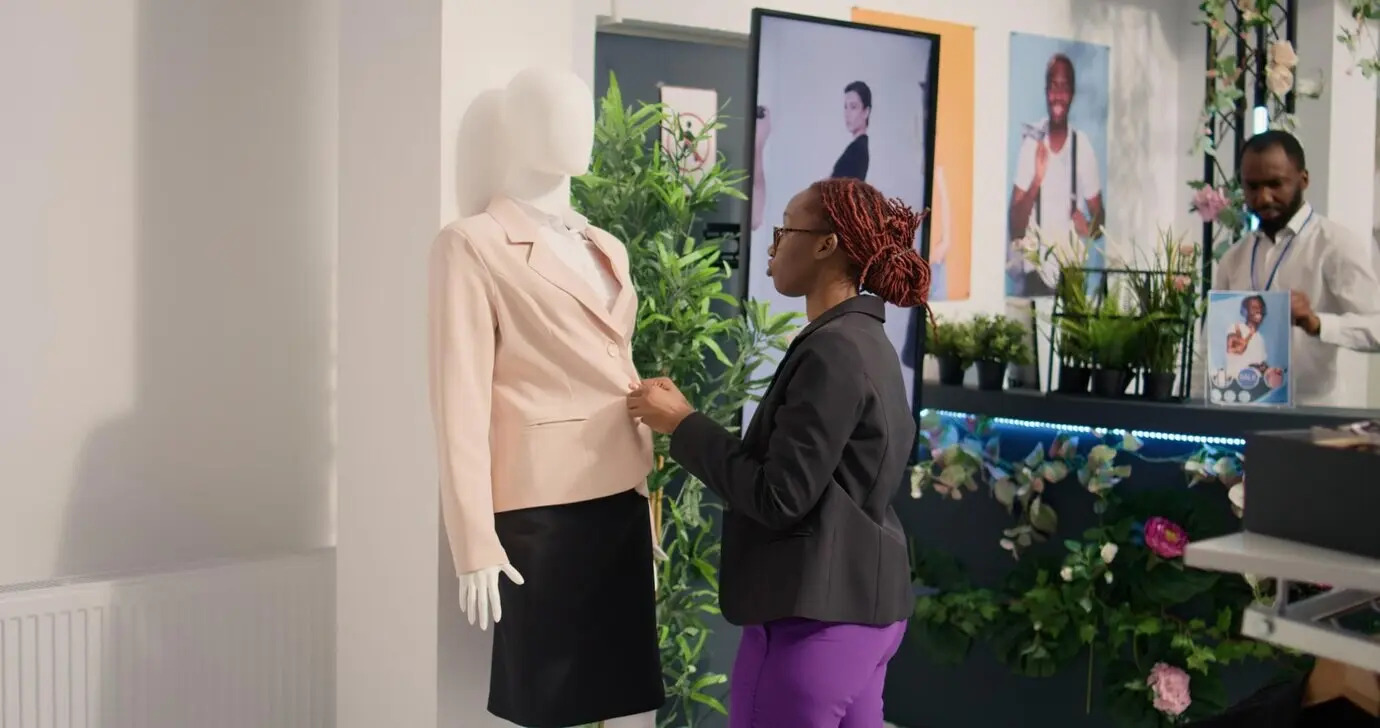 Mitarbeiter ordnet die Knöpfe am Blazer.